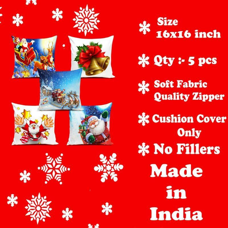 Soft Fabric Designer Decorative Printed Merry Christmas Theme Cushion Cover Xmas Decorations for Sofa Living Room Set of 5 16 X 16 Inch Multi