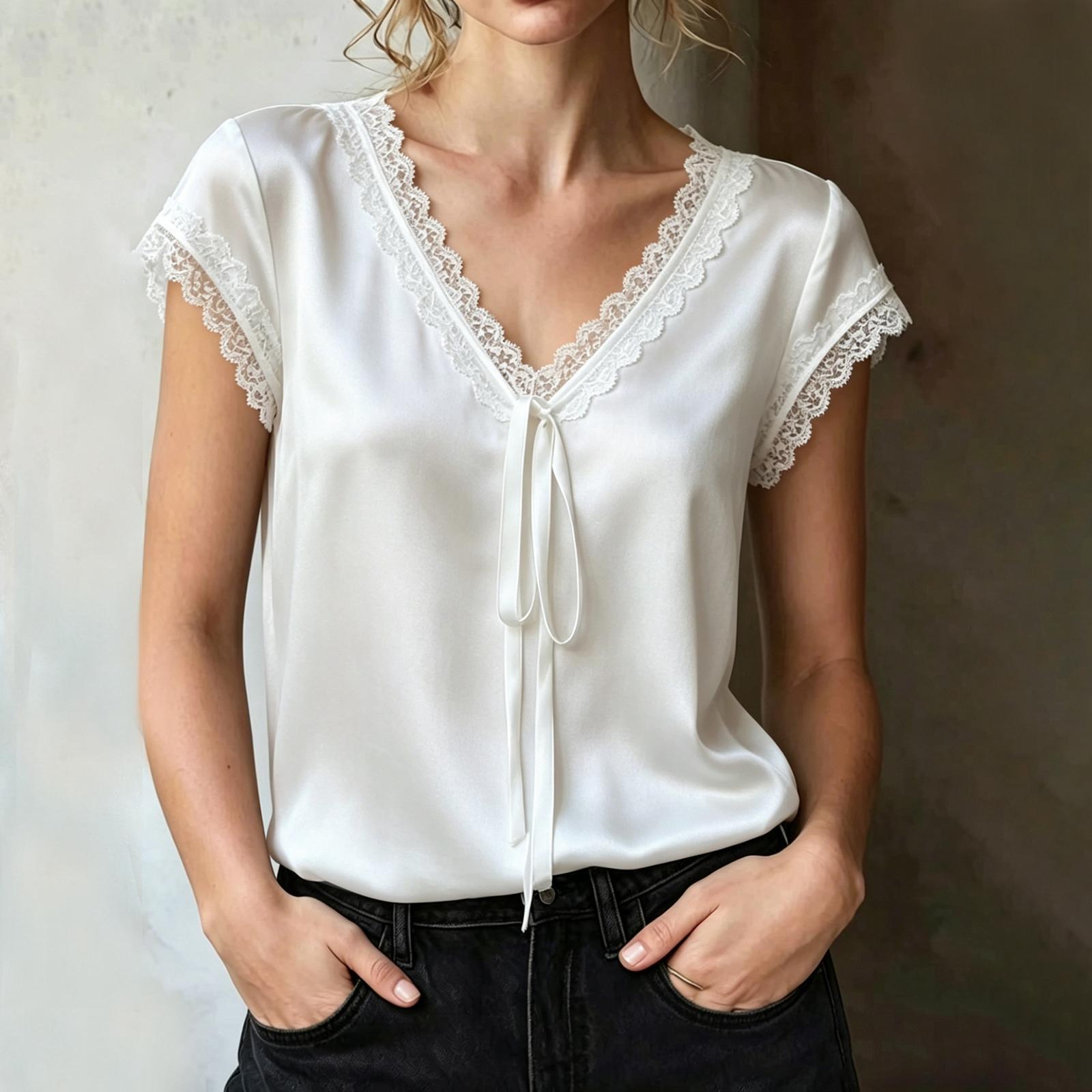 

Women Satin Lace Trim Short Sleeve V Neck Blouse with Tie Front and Relaxed Fit for Casual or Office Wear XL