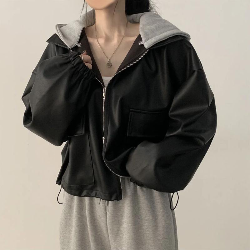 Chaqueta corta elegante vintage de otoño para mujer, estilo retro de calle, de cuero, de manga larga, con cremallera y capucha, estilo de abrigo