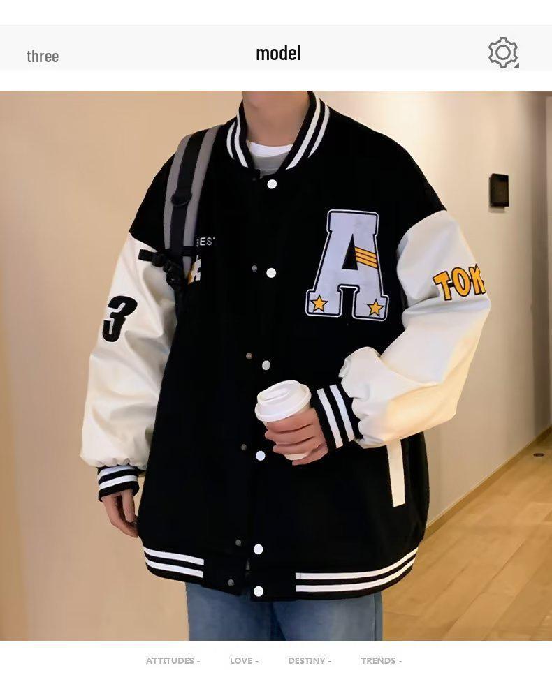 Men's Retro Autumn Baseball Jacket with Embroidered Lettering and Contrast Stitching