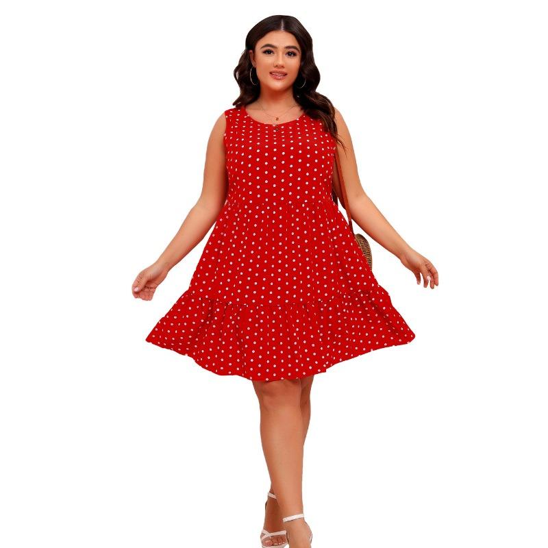 

Платье без рукавов с круглым вырезом и оборками в горошек 0XL красный