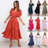 2025 Summer Bohemian V-Neck Maxi Dress with Lace-Up Tie Waist and Short Sleeves