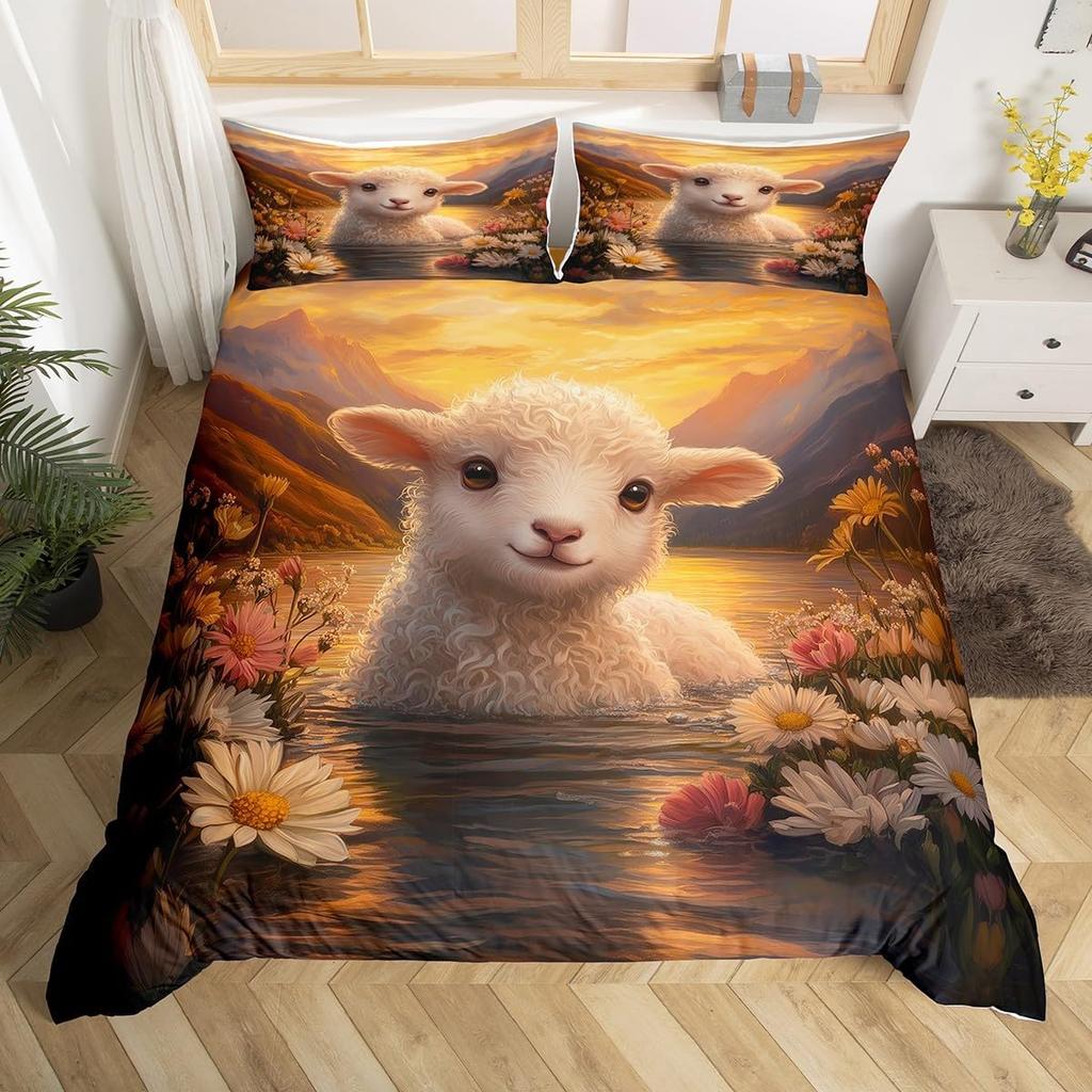 New Cute Farm Animals Duvet Cover King Size Cartoon Sheep Quilt Cover for Kids Boys Girls Teens Cute Animal Bed Set 3 Piece Set