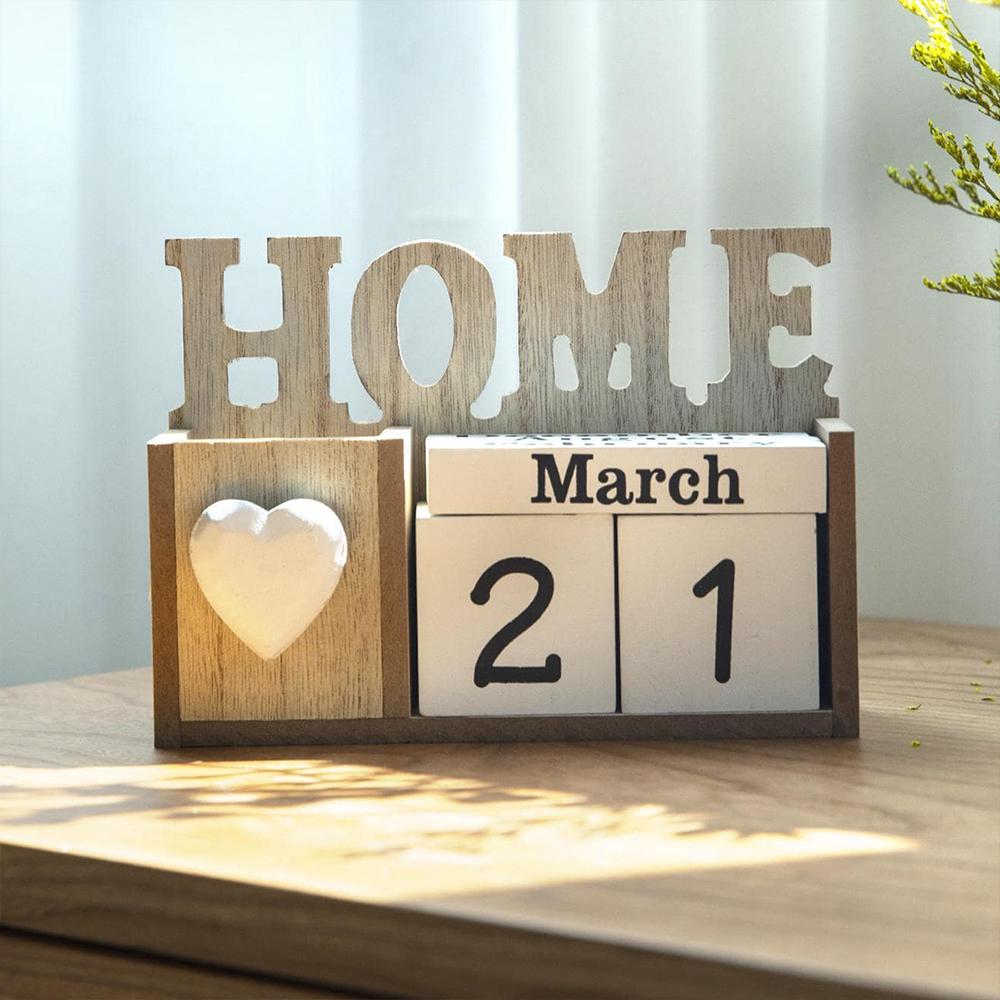 Wooden Home Perpetual Calendar with Pen Holder Block Perpetual for Home Office Desk Organizer Decoration