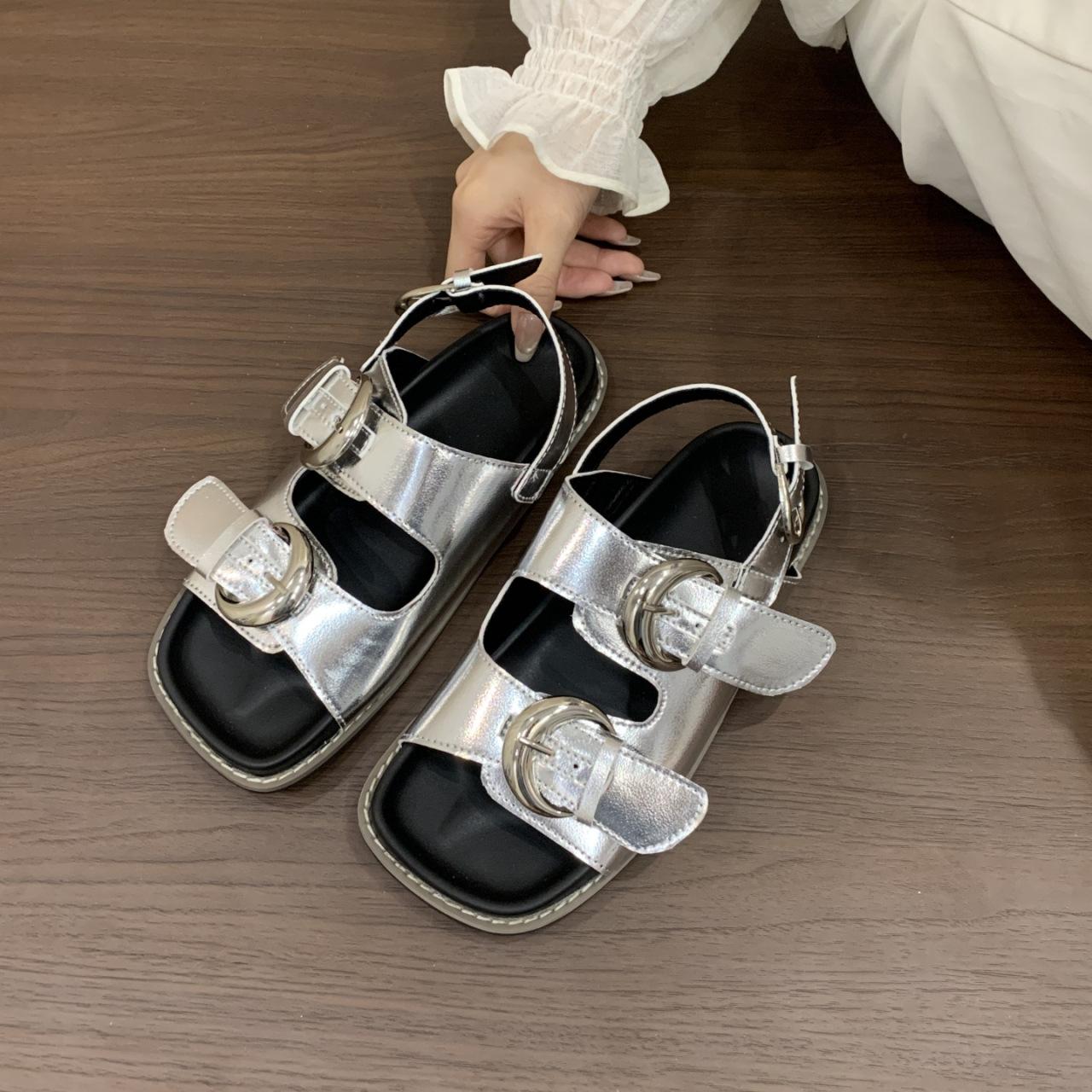 

Thick-soled heightening sandals for women s summer wear 2025 new fashion belt buckle one-word shoes simple Roman beach women s shoes 40 серебряный