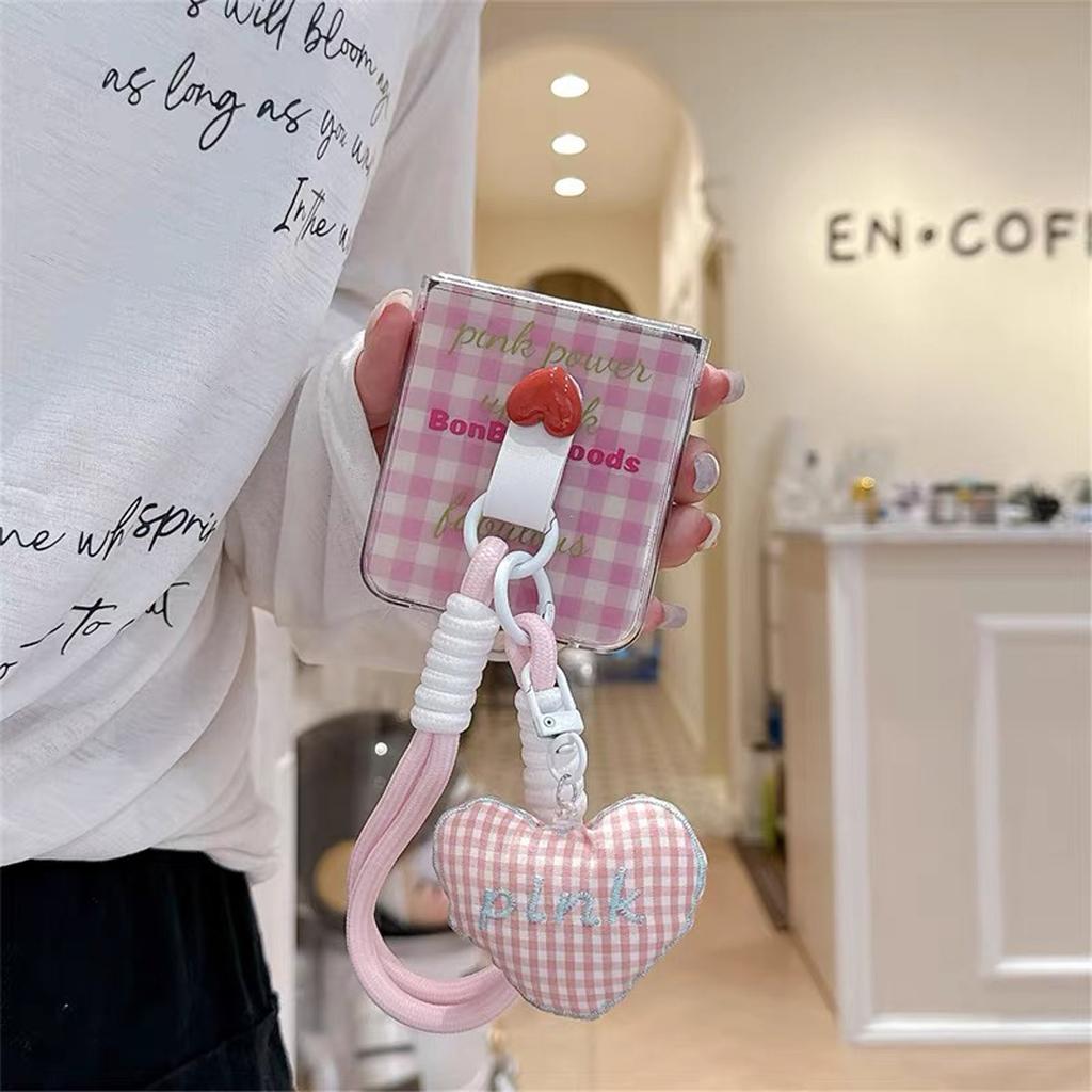 Cartoon Pink Lattice Folding Phone Case With Love Pendant For Samsung For Galaxy Z Flip 3 4 5 6 Cute Girl Phone Case