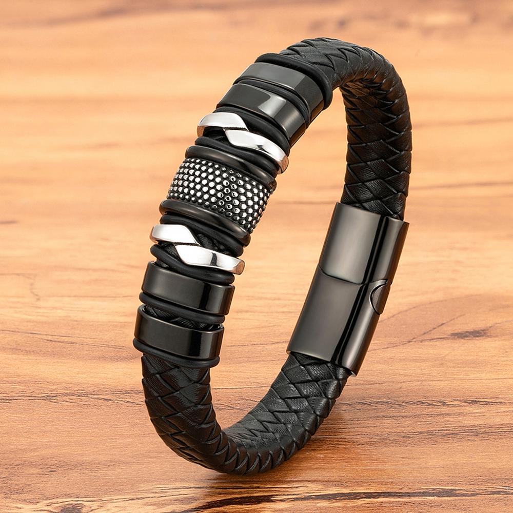 Fashion Braided Rope Wrap Black Leather Bracelets for Men Classic Style Stainless Steel Bangle Couple Charm Jewelry Gifts