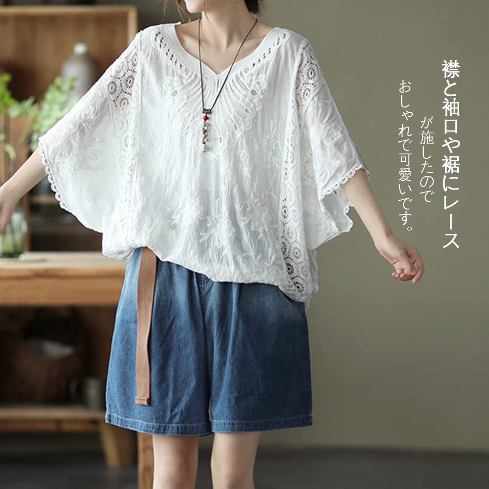 Lace Dolman Short UV Air Conditioning Loose Covers Body Adult Everyday Summer [Bidason] Women's Blouse, Shirt, Sleeve, V-Neck, Sleeve, Cotton,