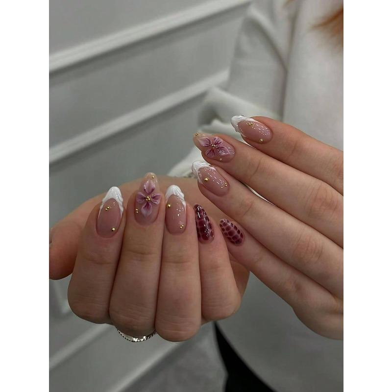 30pcs Almond-Shaped 3D Fake Nails, Floral Nail Art Design Press On Nails, Steel Ball Decor Acrylic Nail Kit, French Manicure For Women Nail Supplies