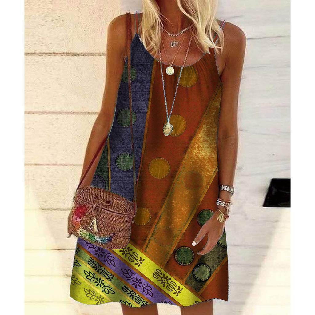 Women's Fashion Retro Multicolor Printed Loose Pullover Suspender Dress