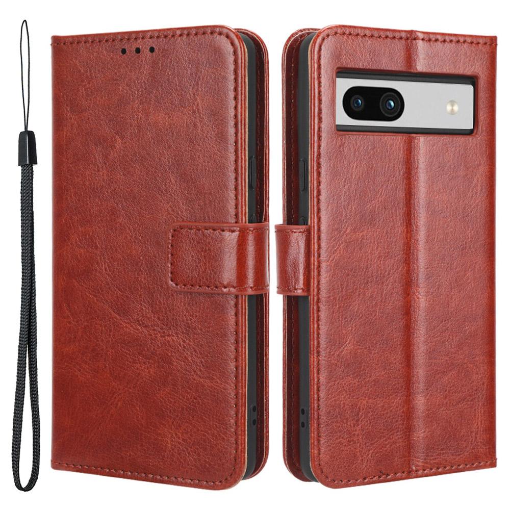 

For Google Pixel 7a PU Leather Flip Phone Cover Crazy Horse Texture Wallet Phone Stand Case with Strap Brown