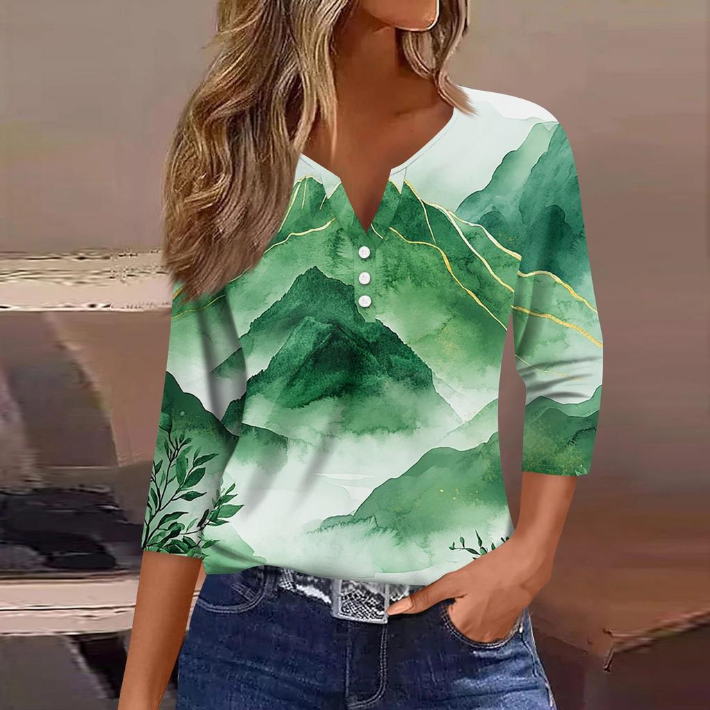 T-shirt da donna T-shirt stampata con bottoni manica a 3/4 Top regolare alla moda quotidiana per il fine settimana, basic con scollo a V