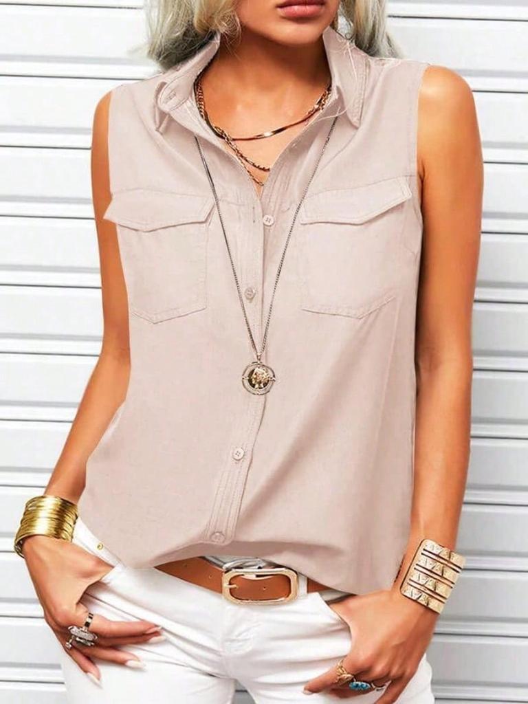 Women's Sleeveless Lapel Tank Blouse Solid Button Front Summer Shirt for Office and Casual
