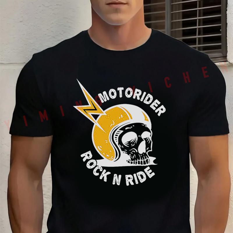 Men's Summer Cotton T-shirt Motorider Rock N Ride – Cooler Helm Classic T Shirt Short Sleeved Casual Basic O-Neck Unisex Tops