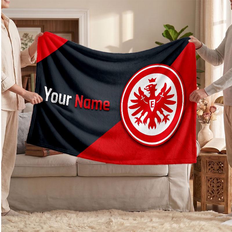 Couverture polaire personnalisée Eintracht Frankfurt avec logo de football, texte de nom personnalisé, couverture jetée douce et chaude pour la maison