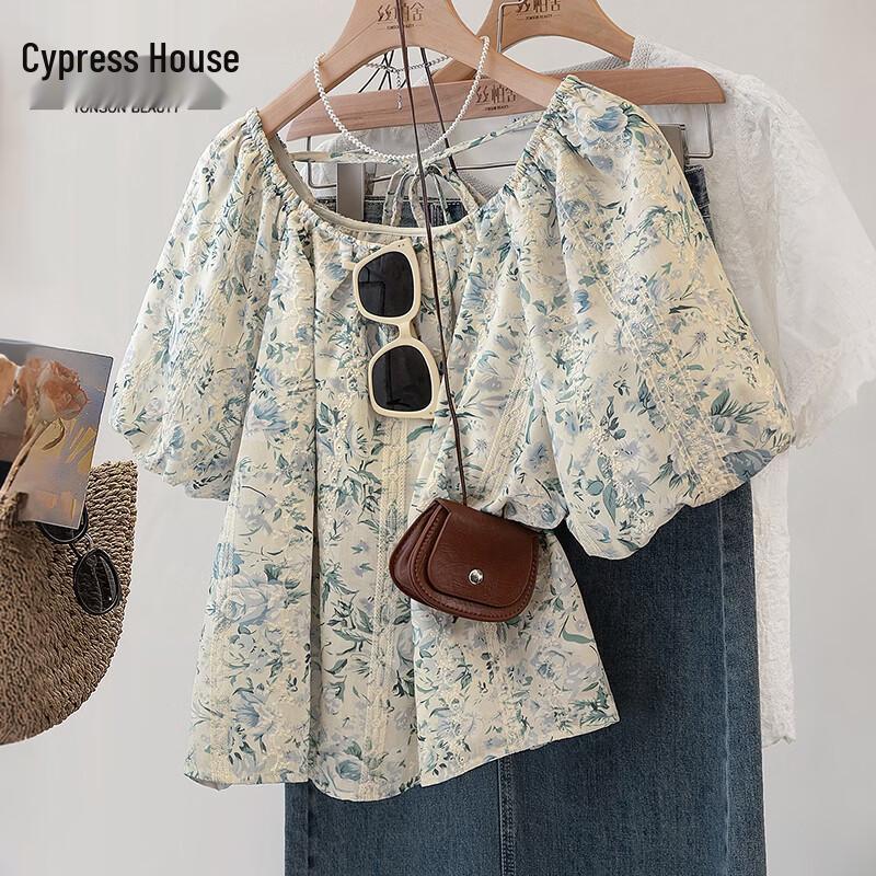 Women s Embroidered Round Neck Puff Sleeve Shirt S
