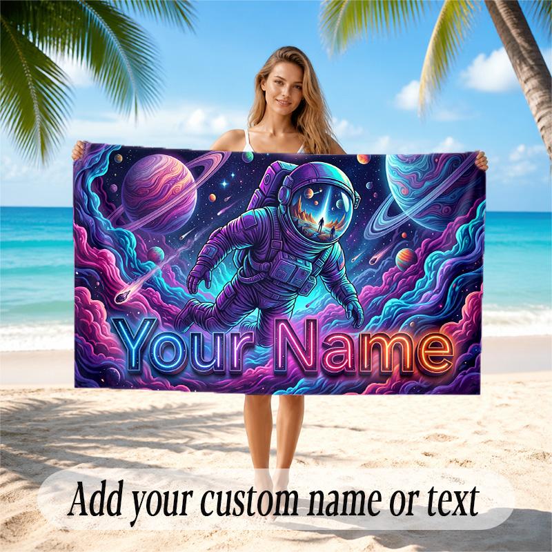 Astronaut Space Theme Quick Dry Beach Towel Custom Name Text Print Large Sand Resistant Towel Beach Vacation