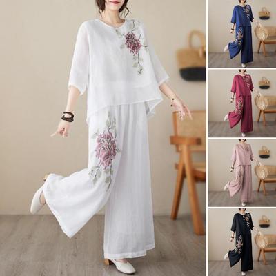 Women's 2 Piece Outfits 3/4 Sleeve Vintage Embroidered Shirts Wide Leg Pants Set Summer Cotton Linen Casual Matching Set