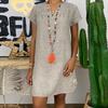 Women's Fashion Summer Loose Skirt Short Sleeve V-Neck Cotton Linen Dress
