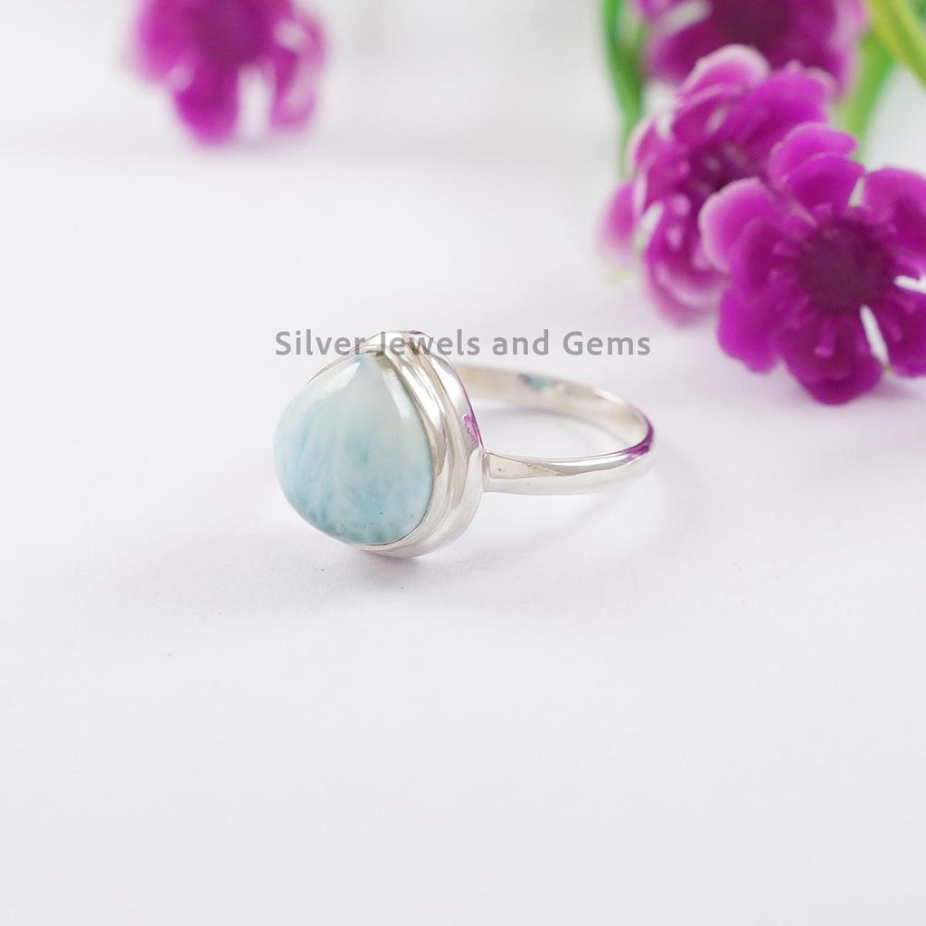 Natural Larimar Ring, 925 Sterling Silver Handmade Ring, Pear Shape Gemstone Ring, Blue Stone Ring, Promise Ring