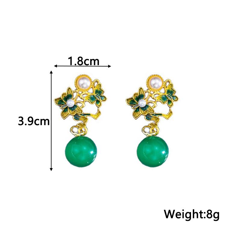 

Green Enamel Butterfly Hanging Earrings for Women Imitation Pearl Top Hollow Flower Dangle Earrings Round Ball Pendants Zircon