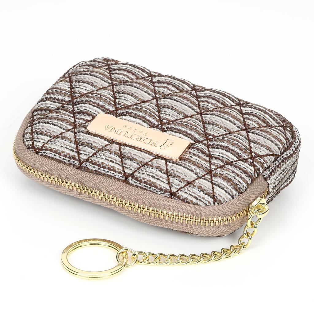 FORTUNA Tokyo Kyoto-woven Matelasse Coin Purse, Coin & Card Case, Coin Purse, Cosmetic Accessory Pouch with Keychain (Brown)