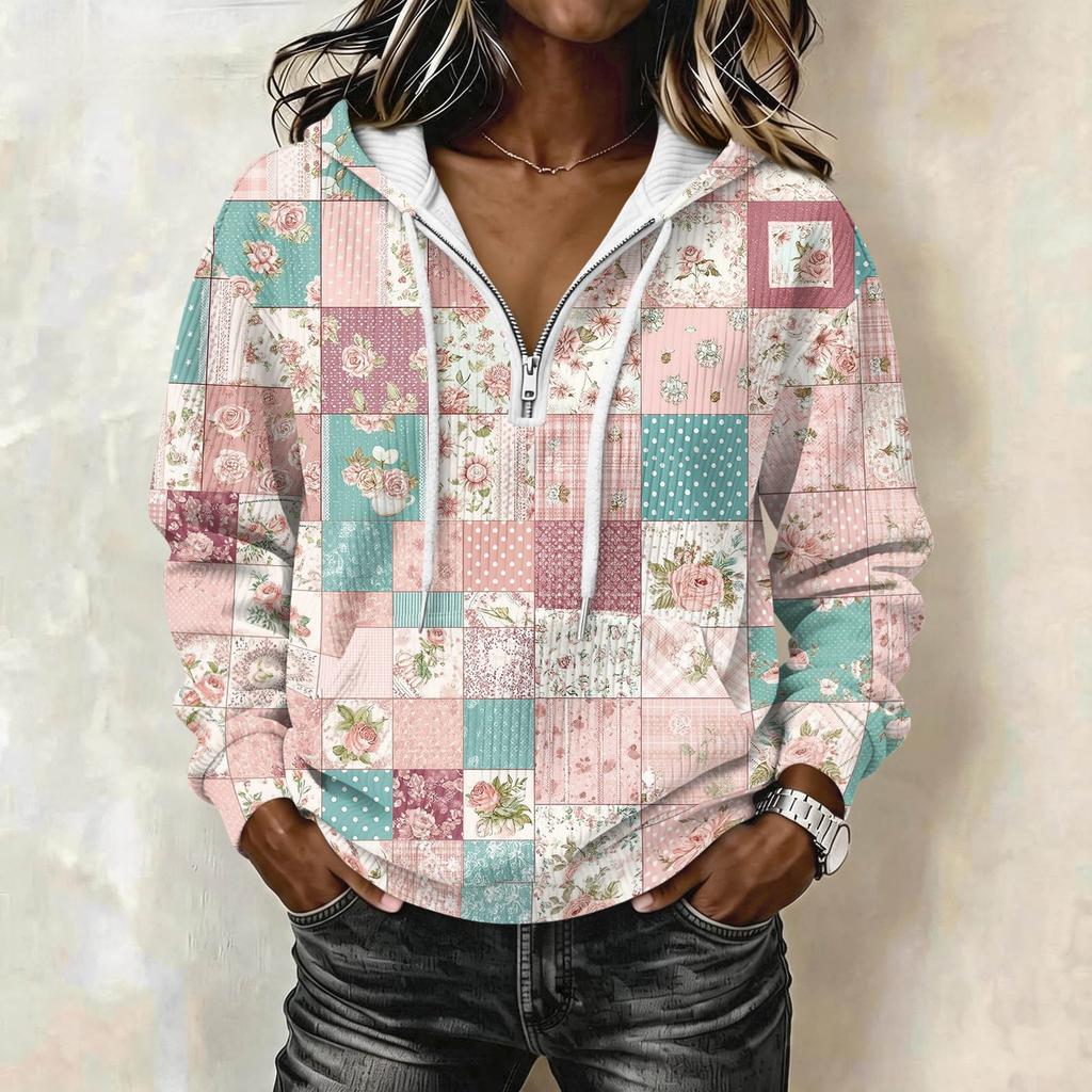 Women's Long Sleeve Color Block Print Pullover Hoodie with