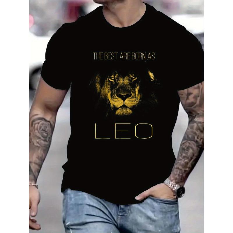 

European sizes Men s Black T-Shirt with Golden Lion Graphic – The Best Are Born as Leo Print, Trendy Round Neck Short-Sleeve Tee for Summer 4XL