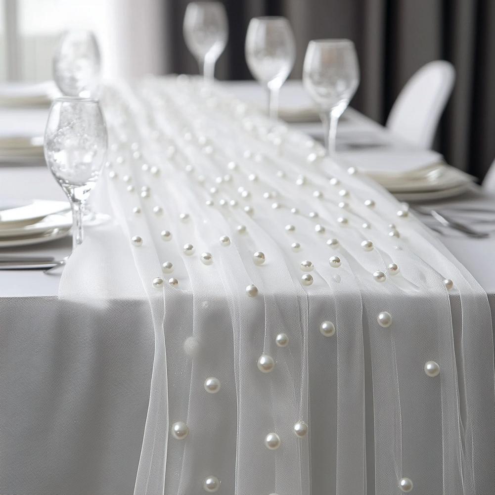 Tulle Fabric Lace Table Runners White Pearl Chiffon Fabric Table Decorations for Bridal Shower Birthday Party Wedding Arch Decor