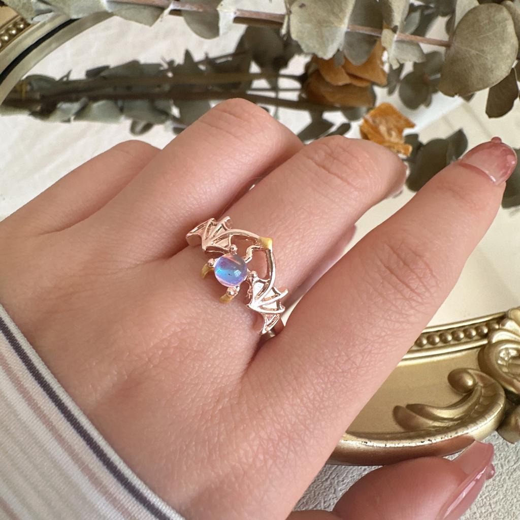 Angel and Demon Wings Couple Ring For Women Rose Gold Colour Black Fashion Moonstone Adjustable Opening Men's Ring Party Jewelry