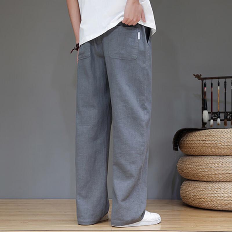 ROMON Men's Straight Loose Fit Ramie Blend Casual Pants