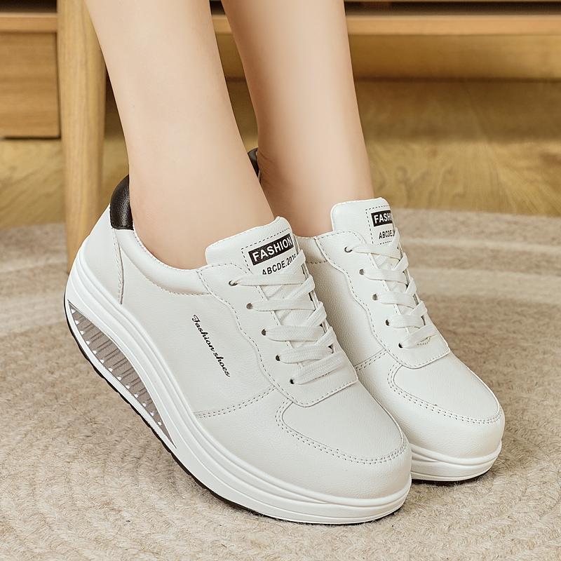 Women Platform Casual White Leather Elevator Shoes Thick Sole Height Increase Sneakers