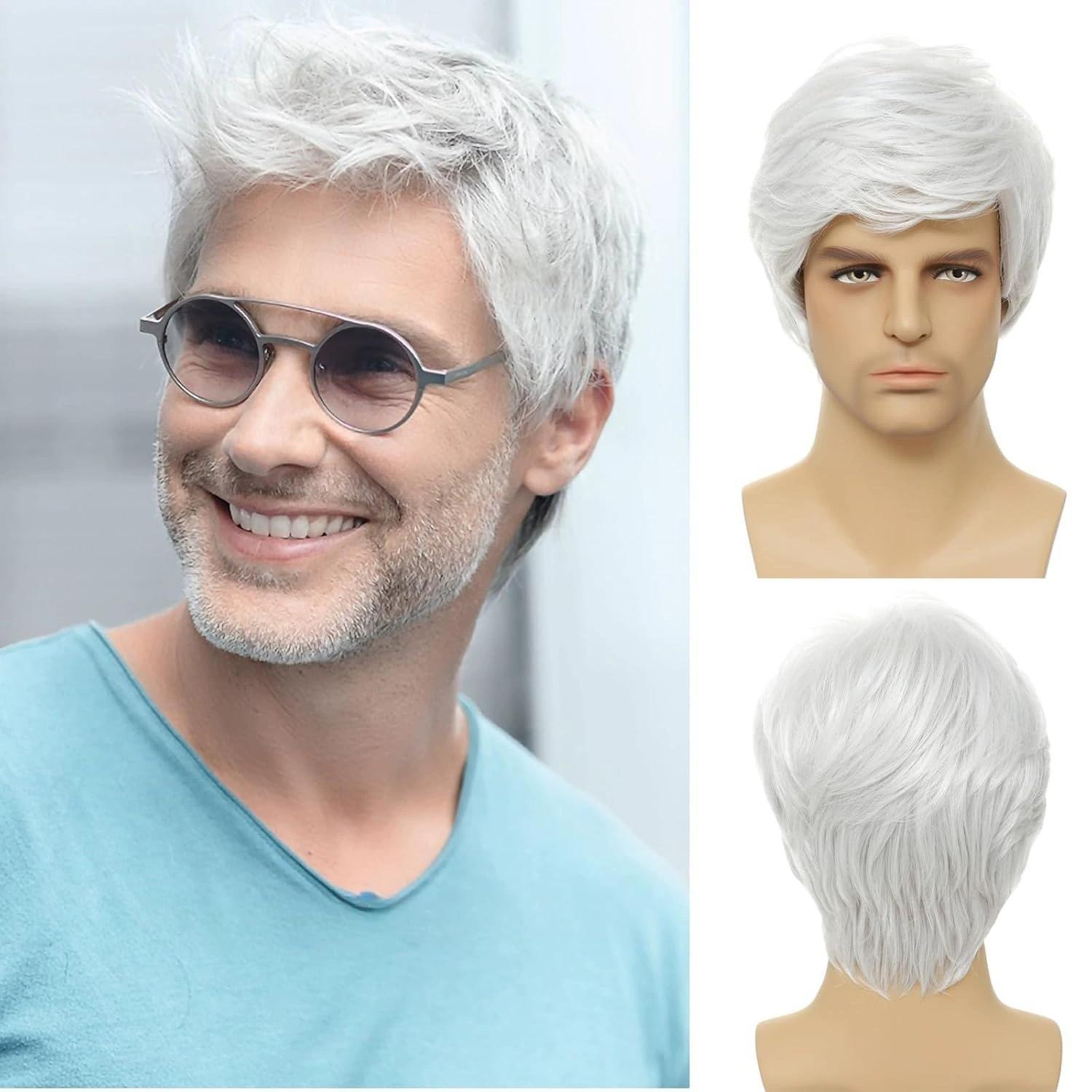 

Men s middle-aged and elderly silver white slanted bangs, short straight hair, rose mesh cover