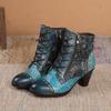 Johnature Vintage Floral Genuine Leather Patchwork Rivet Handmade High-heeled Women's Short Boots