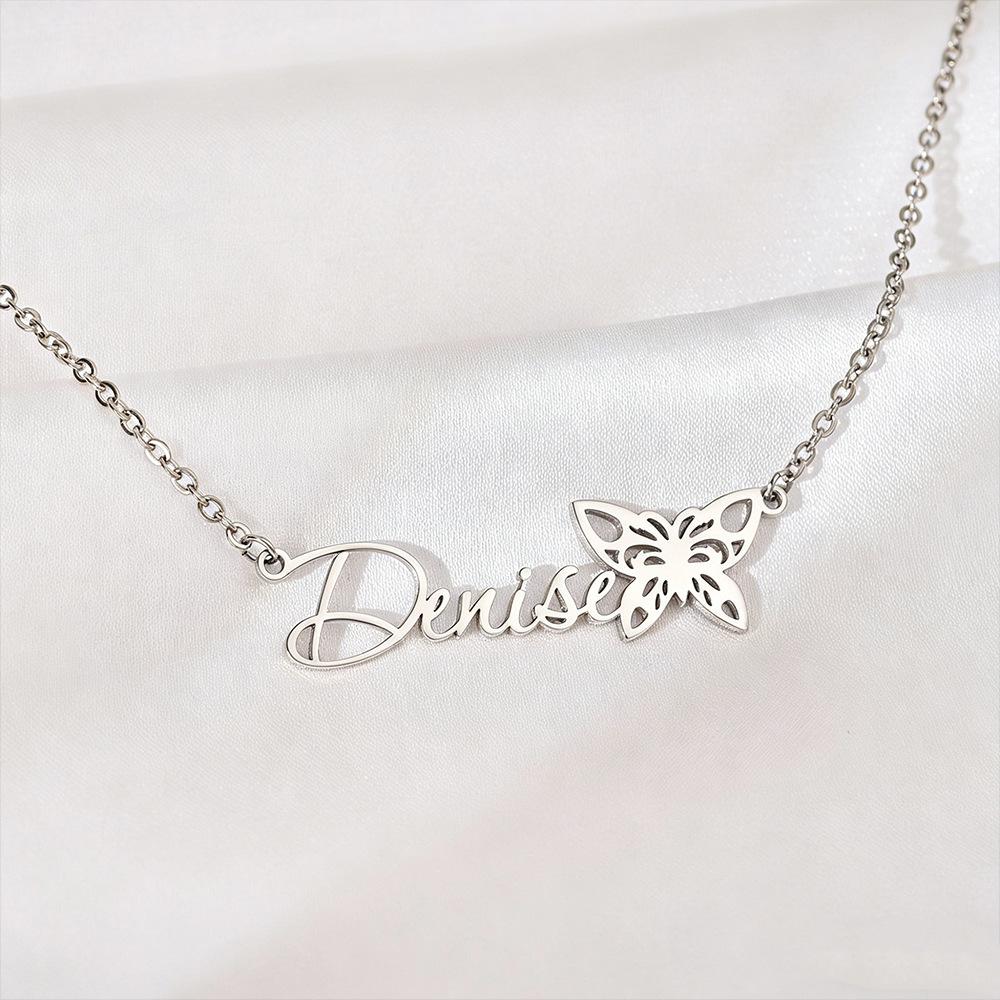 18K gold-plated stainless steel name necklace, December butterfly collarbone chain, cross-border