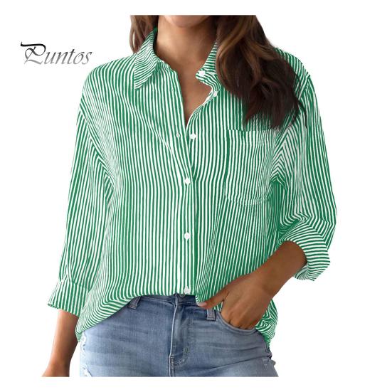 

Женская повседневная рубашка с лацканами и длинными рукавами, рубашка с нагрудным карманом, топы, однобортные свободные топы с принтом в вертикальную полоску, уличная одежда L светло-зеленый