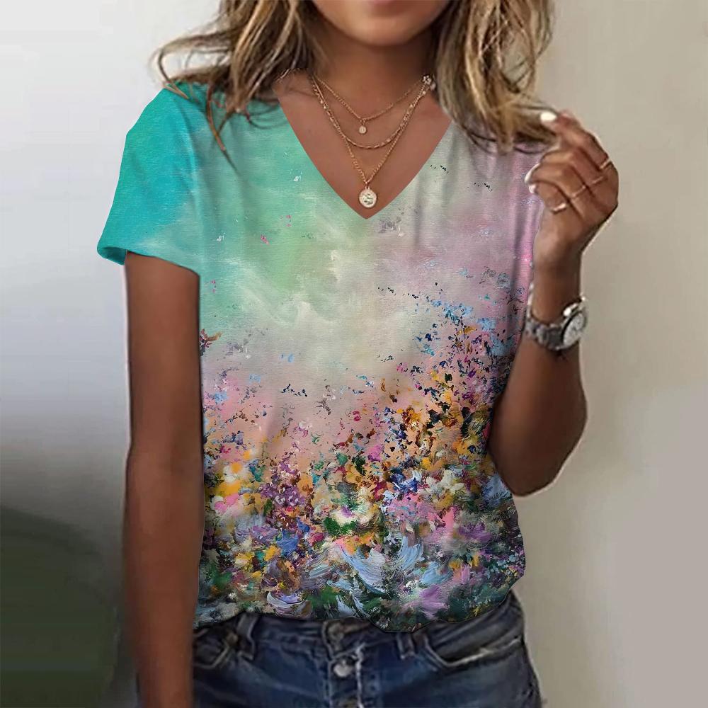 Floral Flower 3D Print T-Shirts Women's Summer V-Neck Short Sleeve T Shirt Street Y2K Casual Tees Harajuku Tops Female Clothing