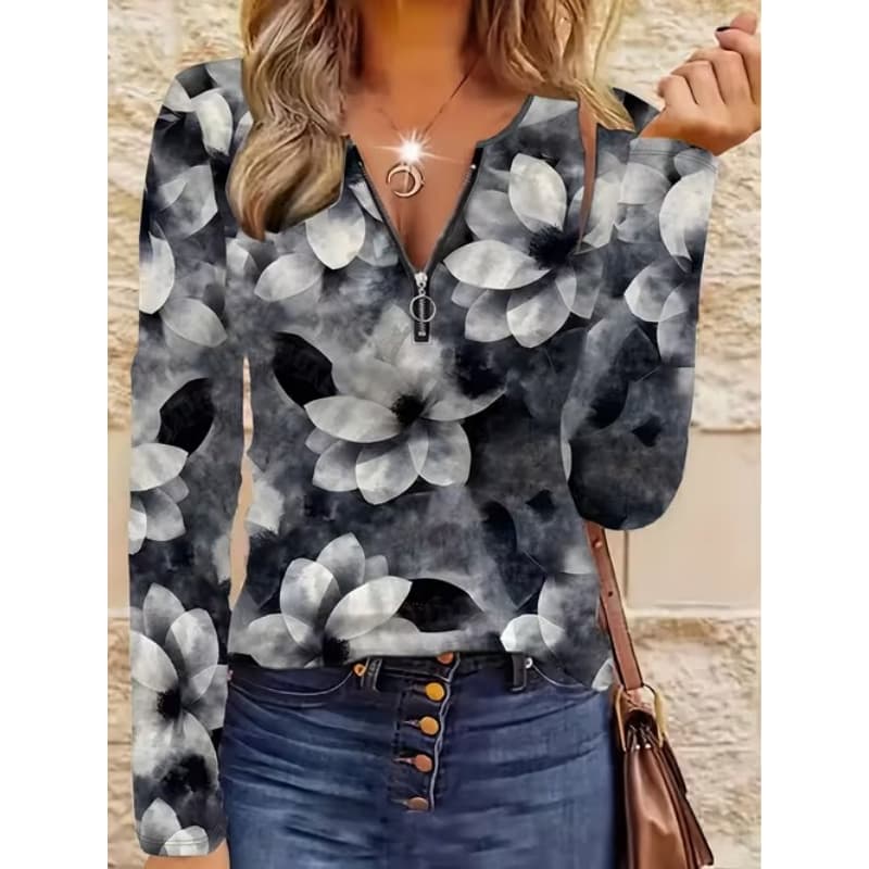 T-shirt da donna con stampa creativa, zip e maniche lunghe, traspirante, morbida e confortevole, adatta per l'abbigliamento casual tutto l'anno