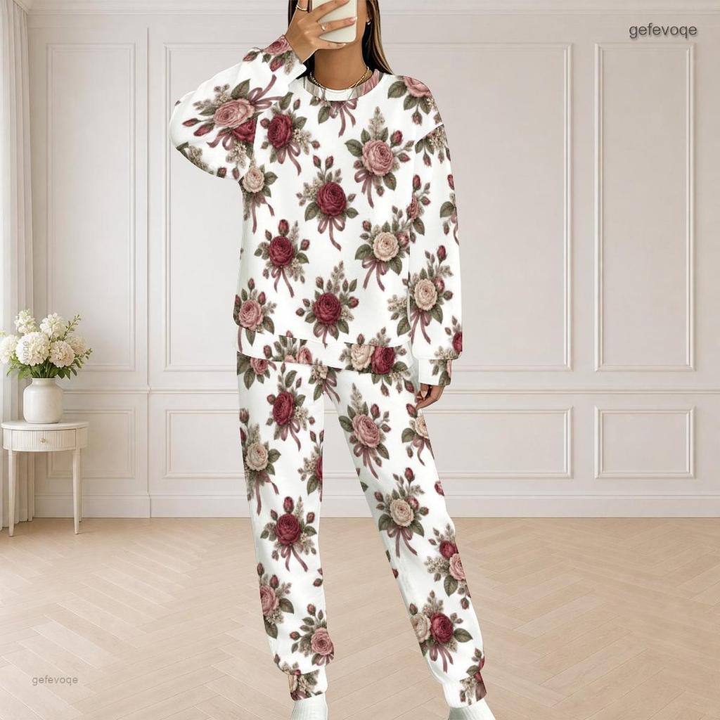 Women Plus Size White Floral Printed Round Neck Long Sleeve Top And Long Pants Two Piece Set