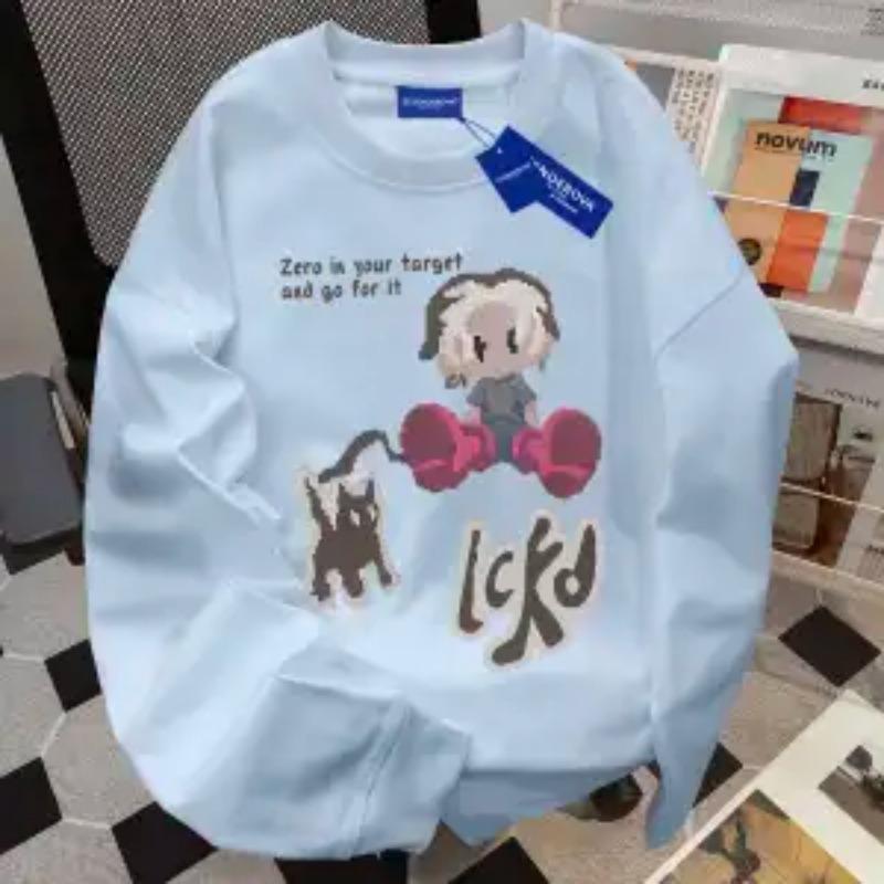 Reines Baumwoll-T-Shirt mit amerikanischem Rundhalsausschnitt, locker, langärmlig für Damen, Herbst, neu, lässig, vielseitiges Design, Oberteil