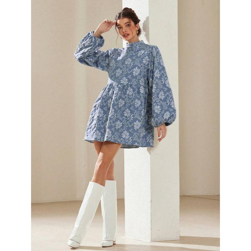 Europe, America 2026 autumn new French retro elegant flower lantern sleeve A word dress women S синий