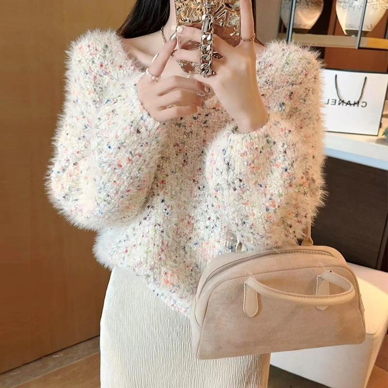 Autumn Winter Women Sweet V-neck Soft Furry Mohair Knitted Sweater Christmas Pullover Tops