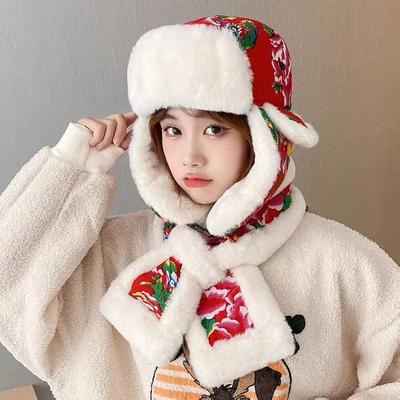 Winter Retro Lei Feng Hat for Women Warm Ear Protection Men Cold Proof Young Ethnic Wind Cycling Northeast Large Floral Cotton Hat