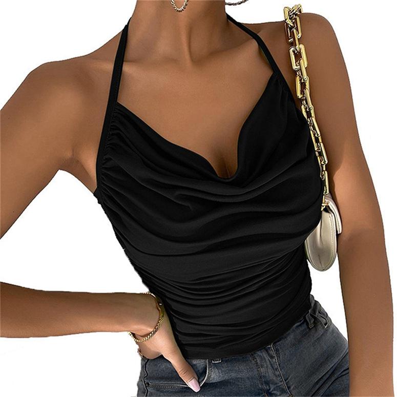 

Женская майка без рукавов с v-образным вырезом и открытой спиной, тонкая однотонная майка с лямкой и рюшами