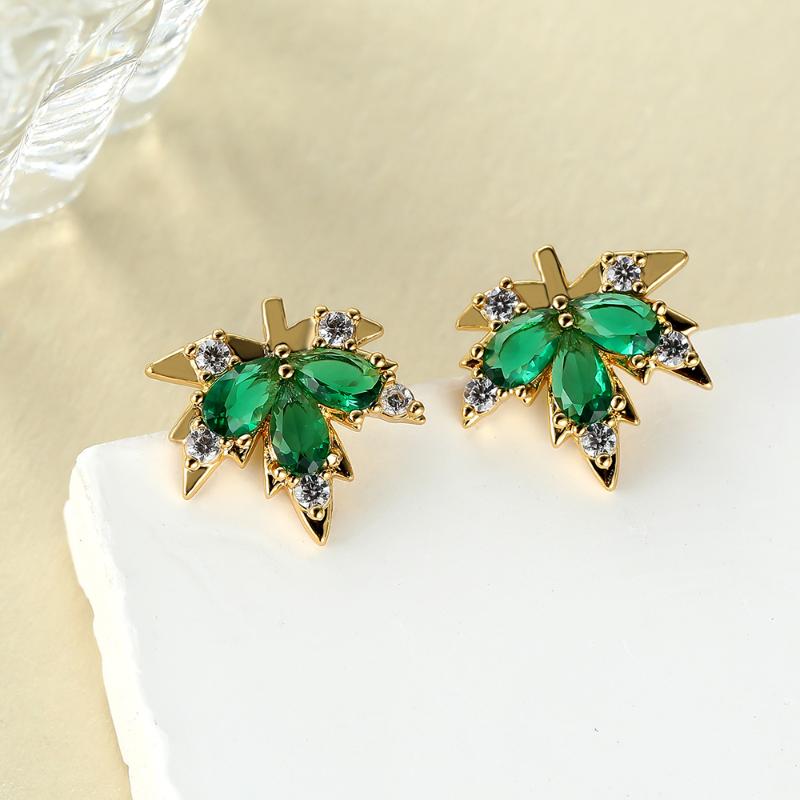 Exquises Boucles d'Oreilles Puces Feuille d'Érable Verte pour Femmes Mignonnes Boucles d'Oreilles Couleur Or Bijoux de Mode