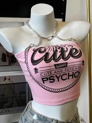 Słodki różowy Backless Crop modne topy kobiety lato Harajuku łańcuch seksowna kamizelka Y2k kobieta koreański list nadrukowany wzór odzież codzienna 2024