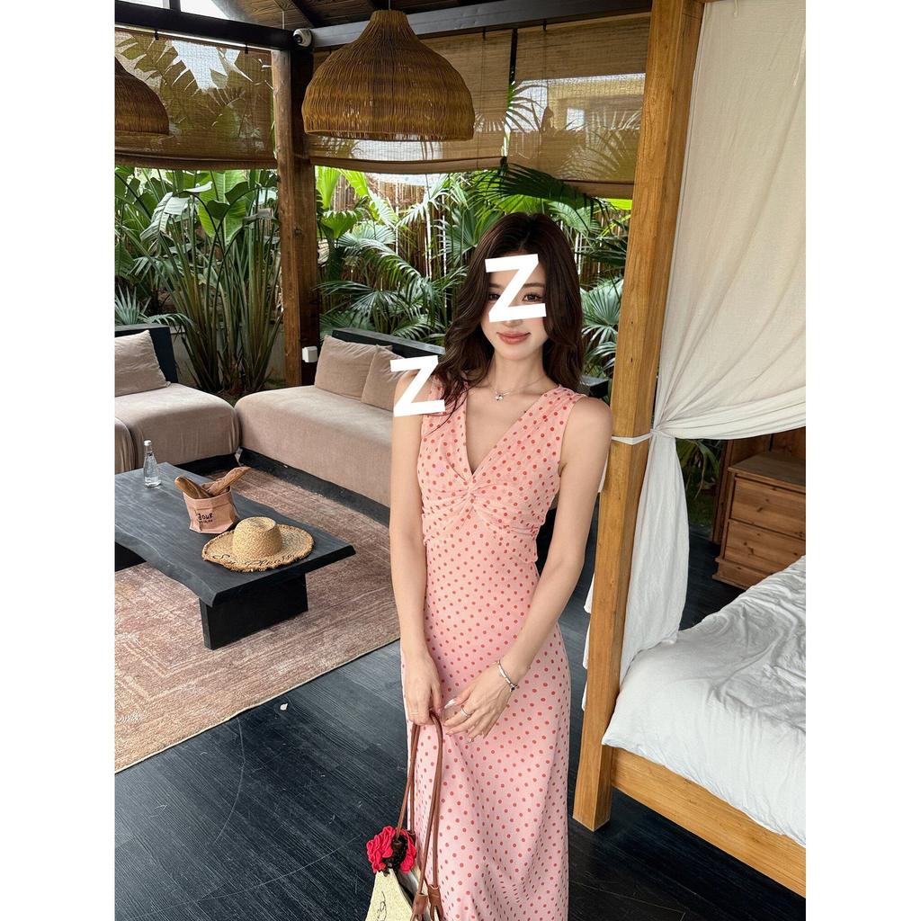 Design sense French niche elegant temperament long dress summer new thin twist V-neck polka dot dress