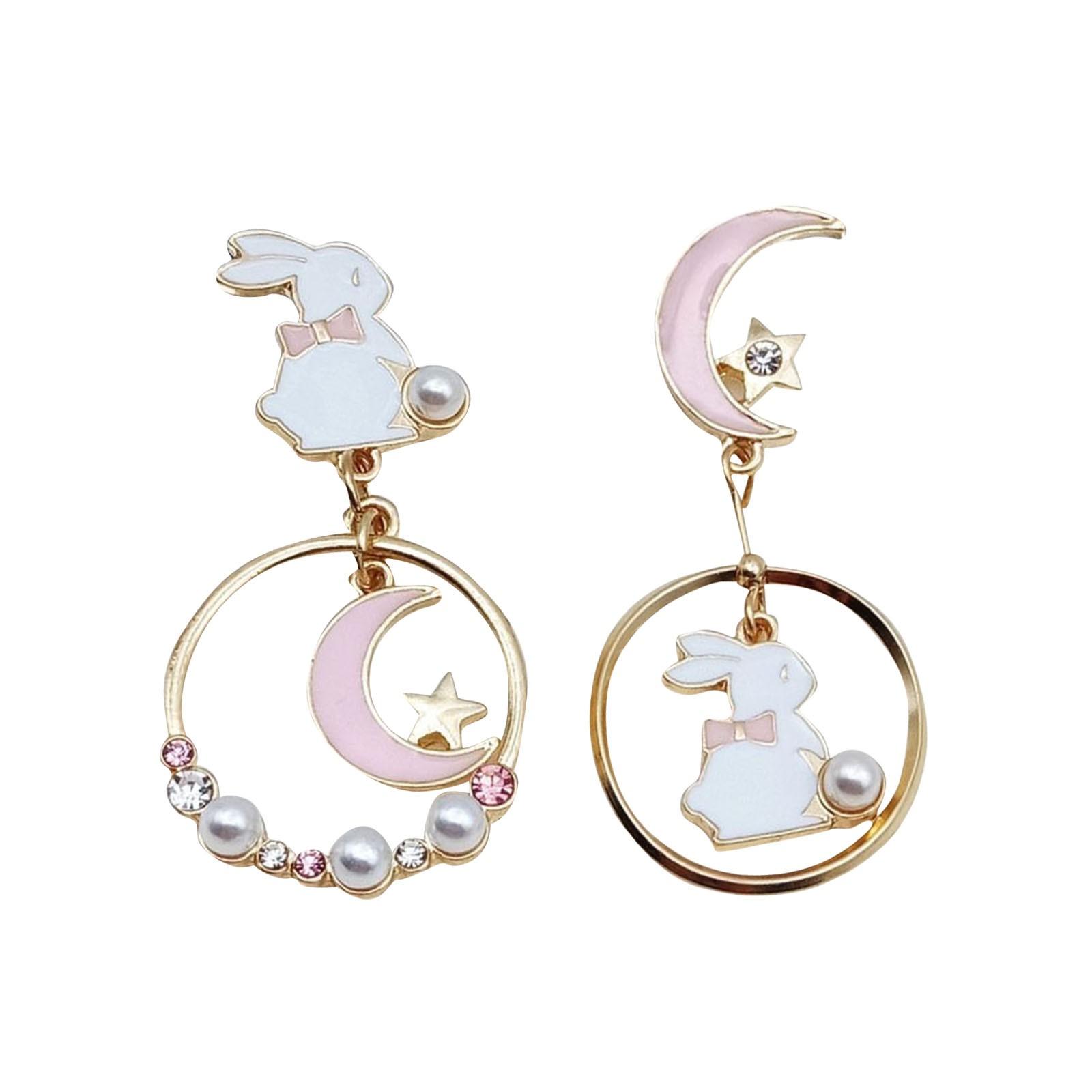 

Silver Needle Cartoon Style Cute Earrings with Rabbit and Moon Pendant Retro Design Lightweight Fashion Accessories for Daily Wear One Size