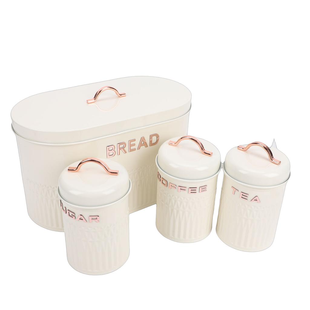 Set da 4 pezzi: Porta pane e barattoli in ferro per cucina, Caffè, Tè, Zucchero, Porta pane in metallo per piano di lavoro