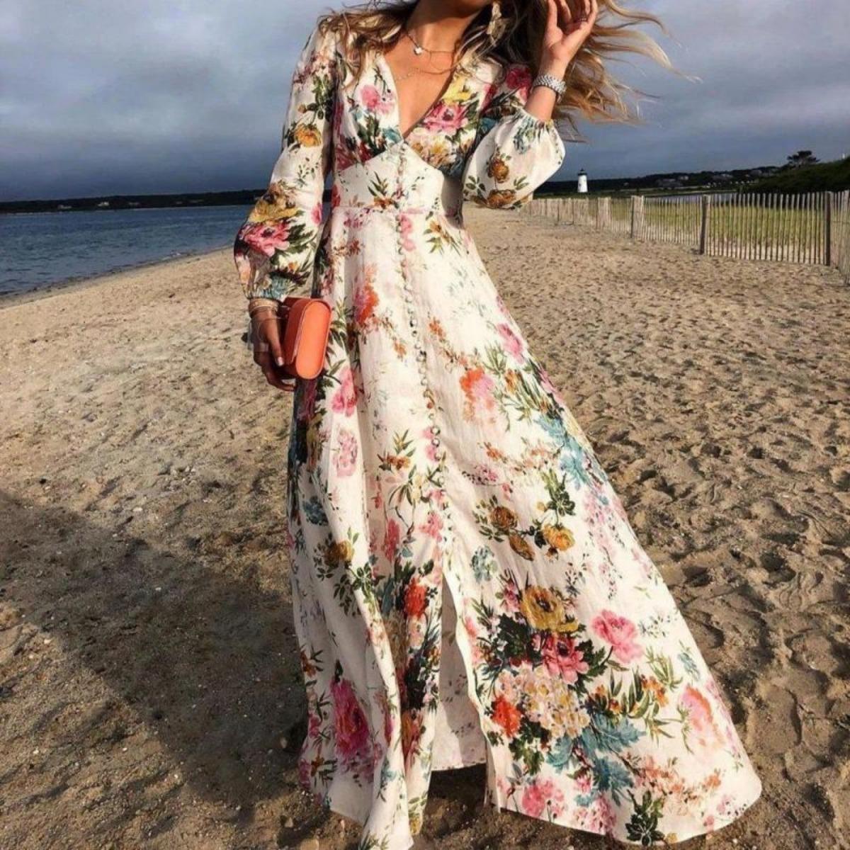 Spring Summer Women s Romantic Floral Print Deep V Neck Long Sleeve Maxi Dress S